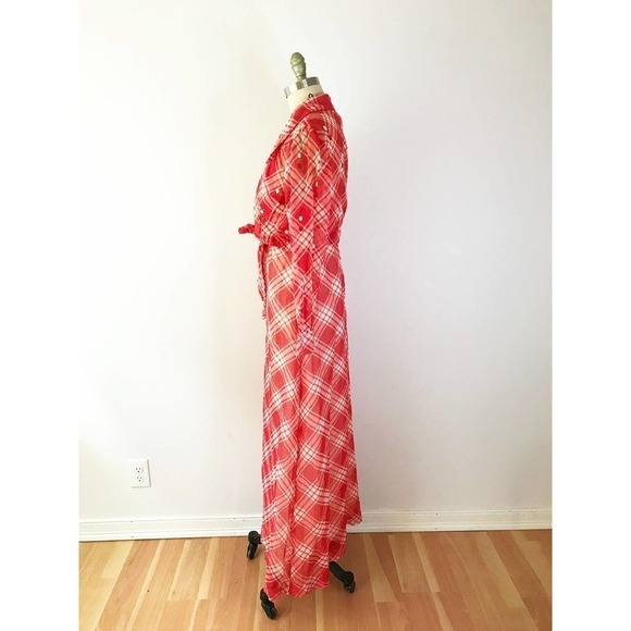 70s Gingham Maxi Dress Red Picnic Long Embroidered Garden Longsleeve 2 Piece Set - Picture 4 of 10